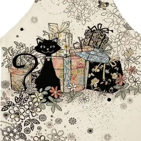 Kitchen or Housework Apron in Linen Printed with Cute Cat - Picture 3 of 9